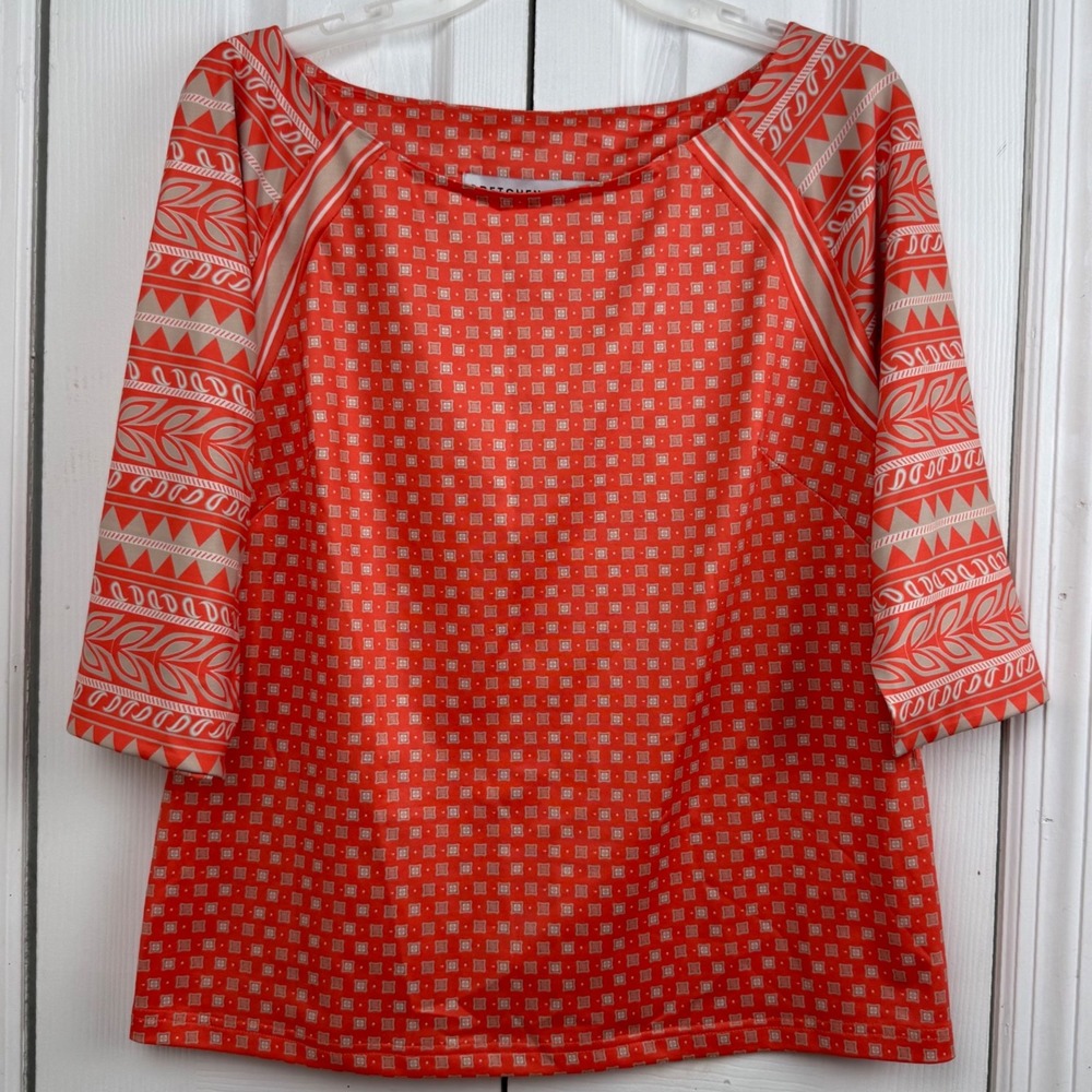 Gretchen Scott Orange Geometric Print‎ Boat Neck Top Blouse Women's Artsy Fun